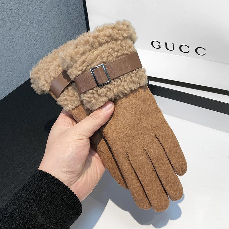 Women's Winter Velvet Thickeneded Warm Gloves for Outdoor Cycling, Driving and Skiing, Cold Protection, Touch Screen Lamb Plush Cross-Border