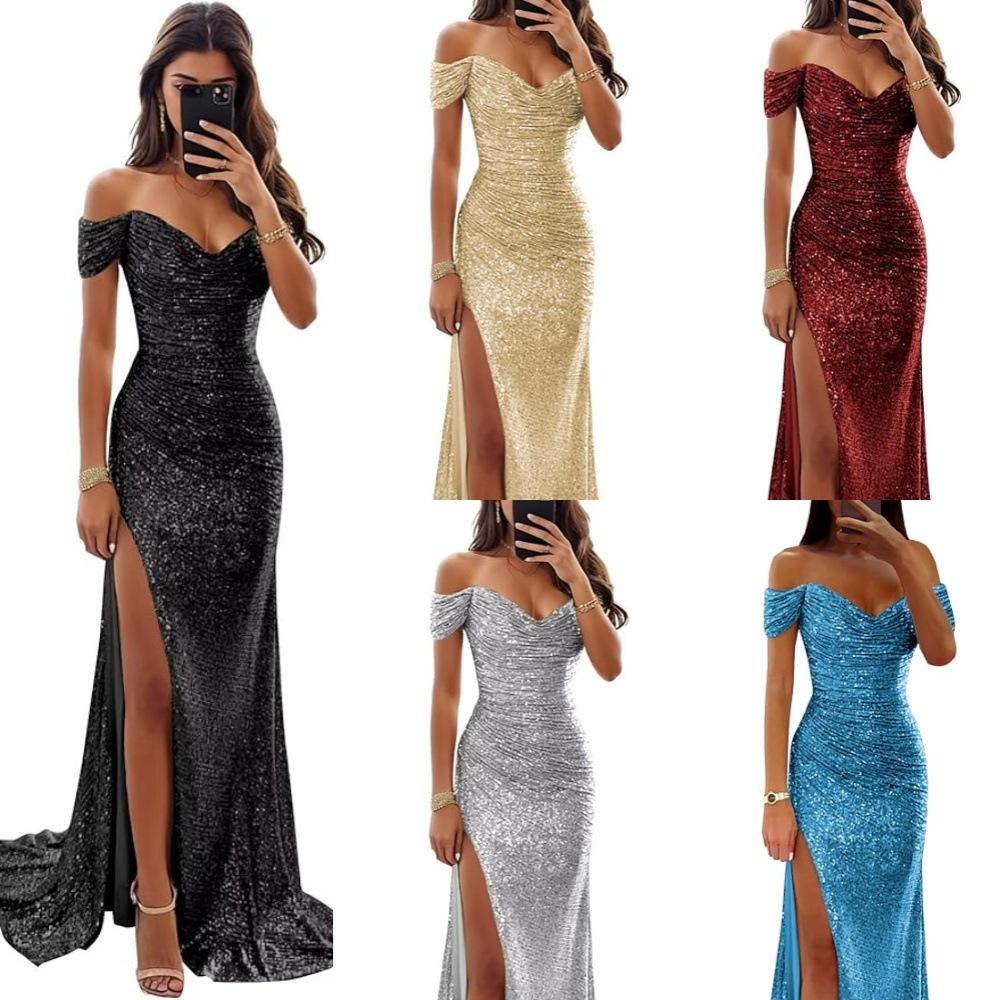 Cross-Border 2025 European and American Amazon New Party Sexy Sequin One-Line Collar Large Hem Evening Dress for Women