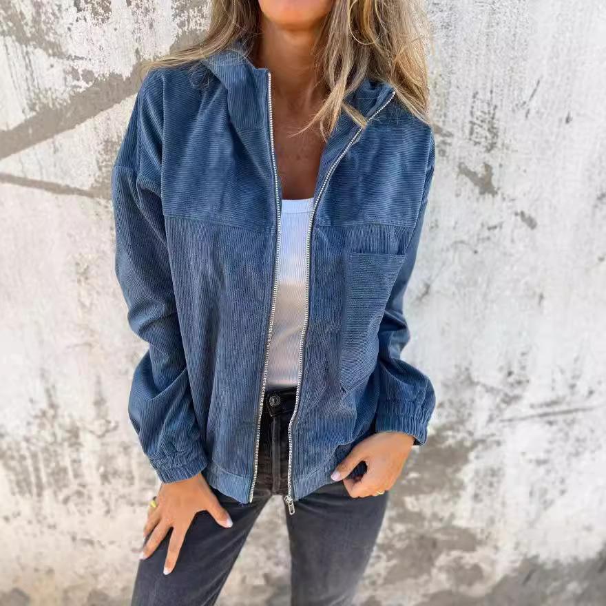 Independent Station Cross-Border Hot Sale Autumn New Solid Color Jacket Women's European and American Simple Style Corduroy Hooded Jacket Women