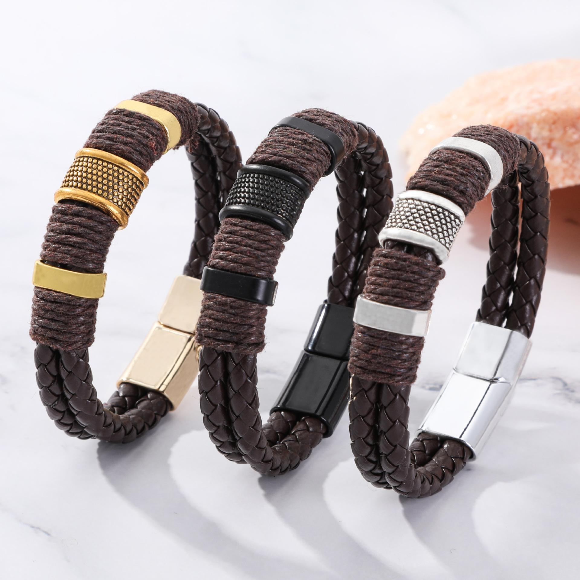 Cross-Border Bracelet Double-Layer Vintage Leather Bracelet Alloy Cowhide Woven Bracelet Men's Bracelet European and American Fashion Bracelet