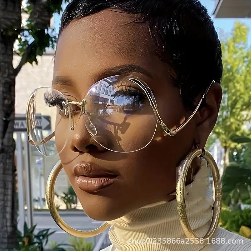 Trendy Frameless Sunglasses 2024 New Model Cross-Border Ocean Lens Fashion Metal Sunglasses for Women Large Frame Glasses Personality Trend