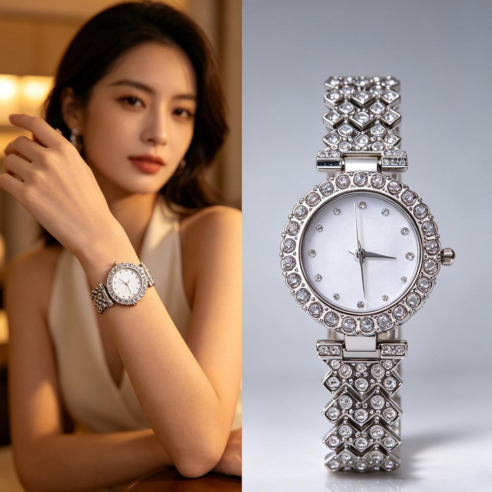 Ladies' luxury fashion mother-of-pearl watch with diamond embellishments, diamond-studded quartz watch wholesale