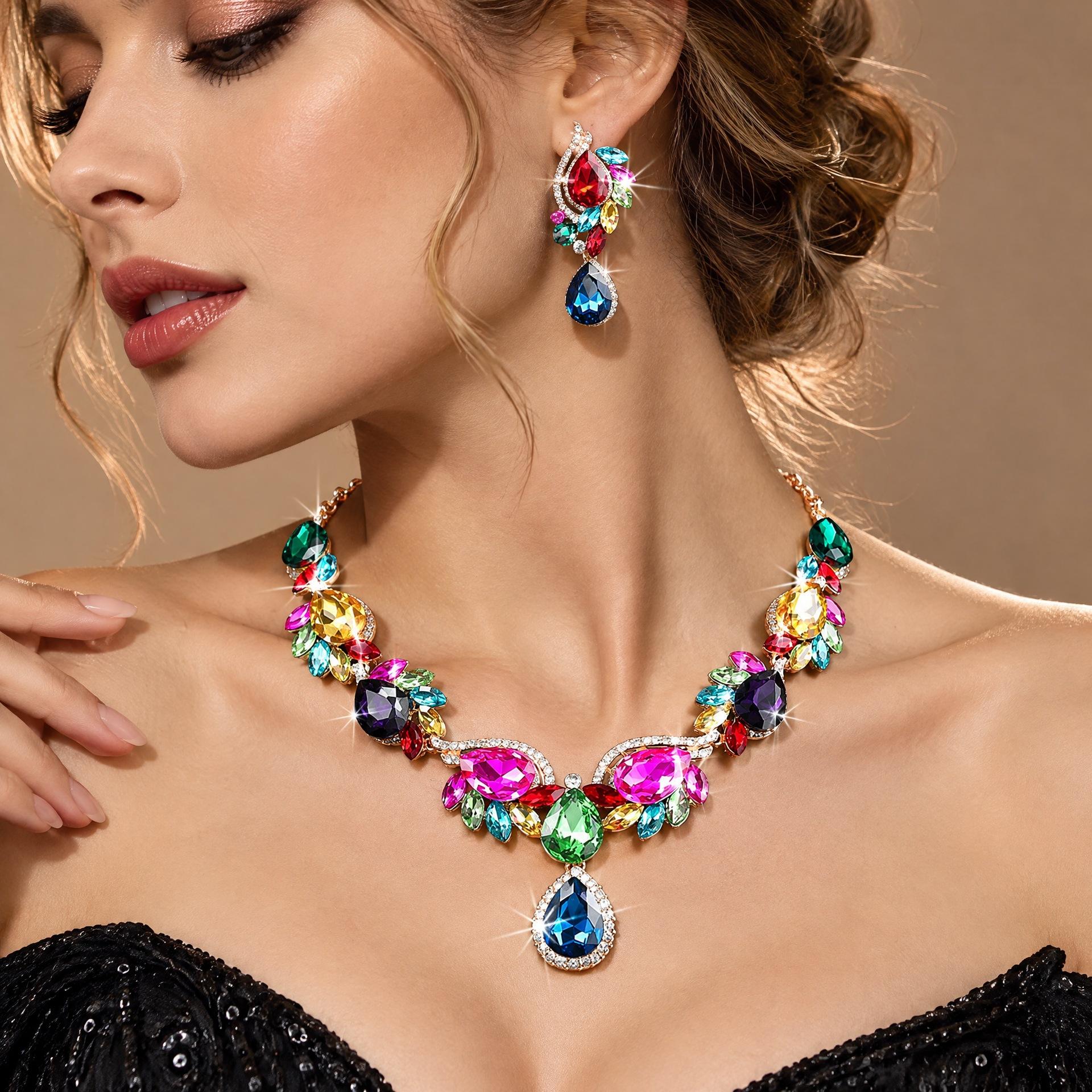 European and American Multicolor Gem Necklace Set Women Fashion Bride Banquet Dress Cross-border E-Commerce Hot Spot