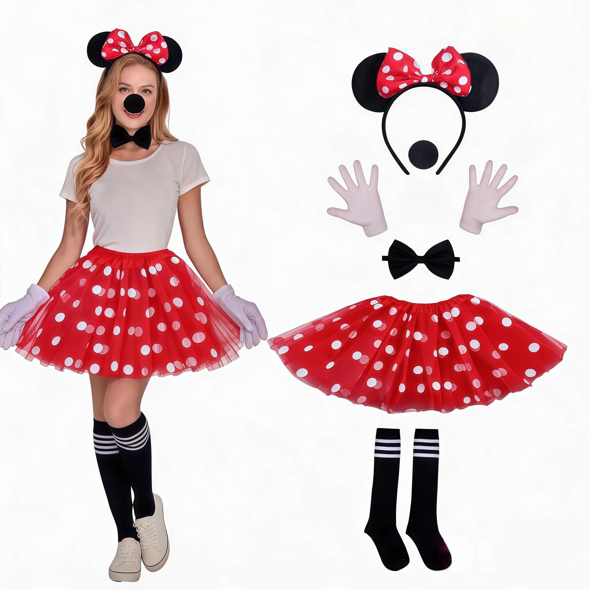 Halloween Mickey and Minnie Headband, Gloves, Nose, Mesh Tutu Skirt Set, Role-Playing Stage Performance Costume