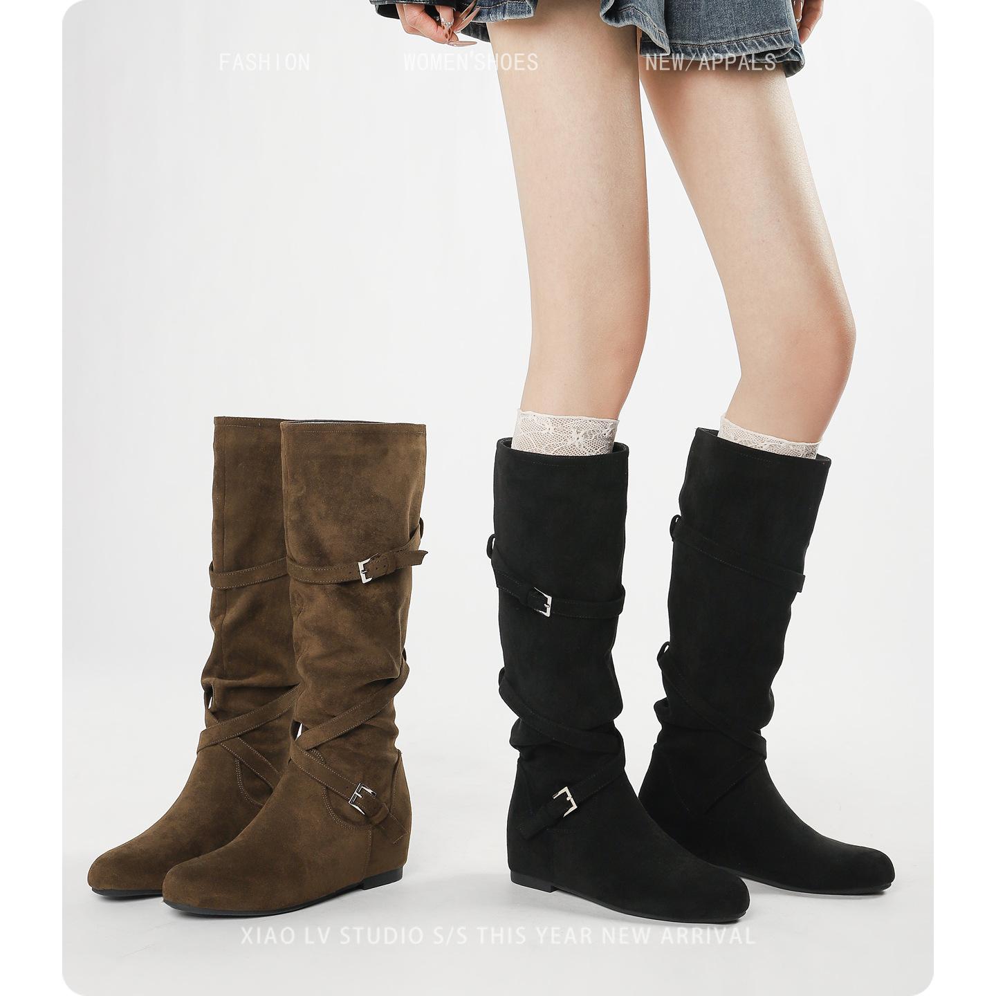 Plus-Size Women's Long Boots for Autumn and Winter, High-Tube Slouch Boots, Knee-High Riding Boots, Thick-Leg Long Boots with Internal Height Increase, Large-Size Boots