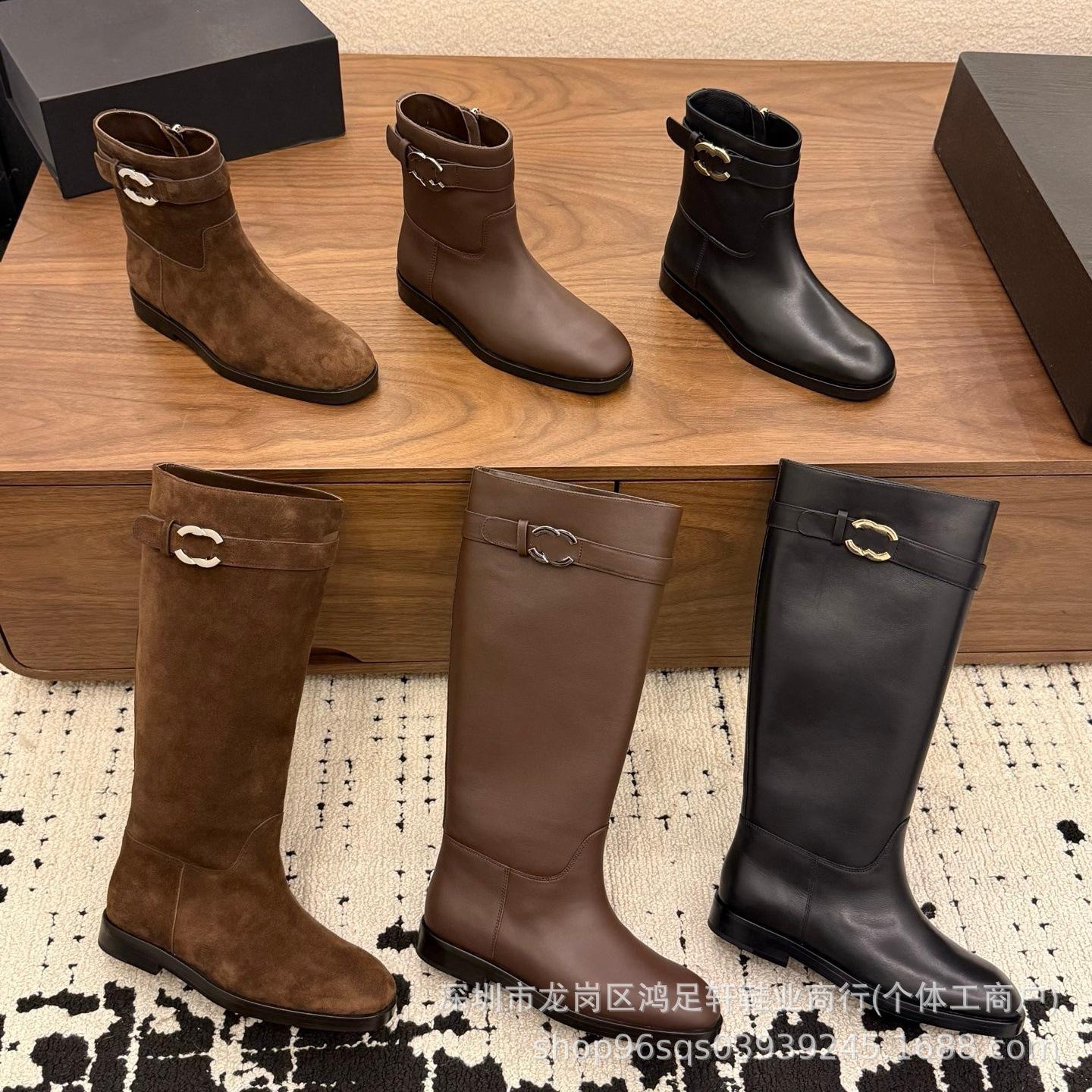 26B New Classic Gold Double C Long Knight Boots in Chanel Style, Versatile Chunky Heel Elegant Women's Boots