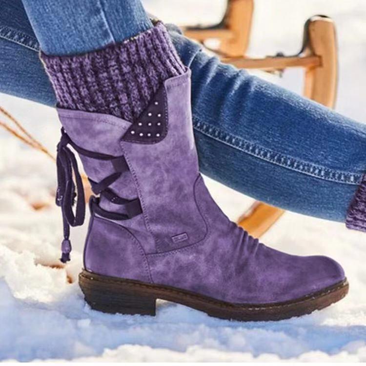 Independent Site Mid-Low Foreign Trade Large Size Martin Boots for Women, Autumn and Winter New Style, Square Heel with Back Strap, European and American Style Knitted Women's Boots