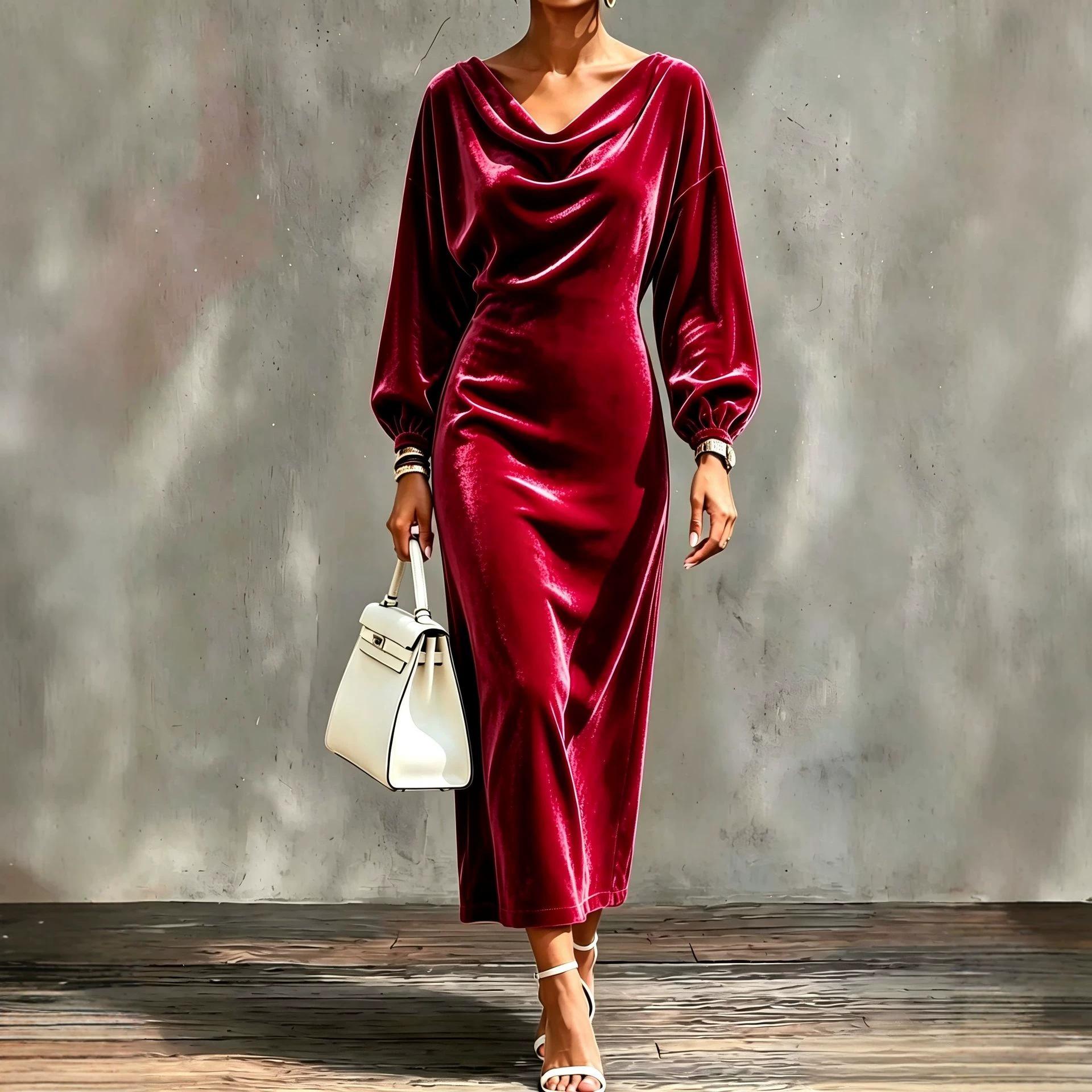 In-stock foreign trade autumn and winter European and American women's fashion new velvet lantern sleeve cowl neck long sleeve slit dress