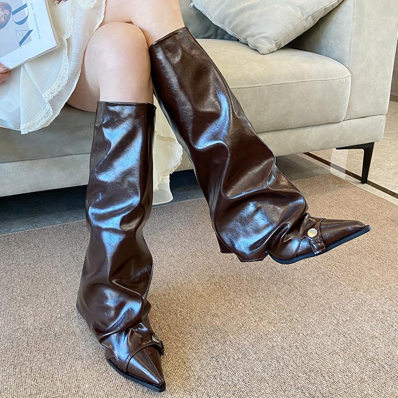 Chunky Heel Booties, Pointed Toe Boots, Long Boots for Women, 2026 Autumn and Winter New Style, Slouchy Boots, Long Riding Boots F7868-1