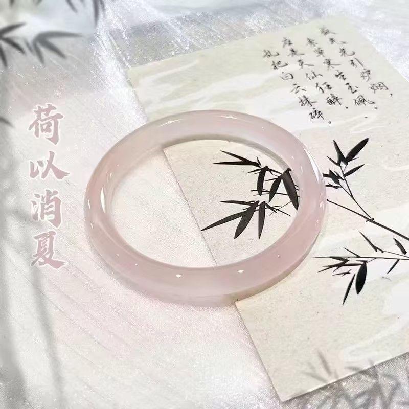 Ink Tea Lotus Root Powder Round Bar Bracelet, Ancient Style Imitation Chalcedony Lychee Jelly Pink Bracelet, High-End Jewelry, New Year Gift
