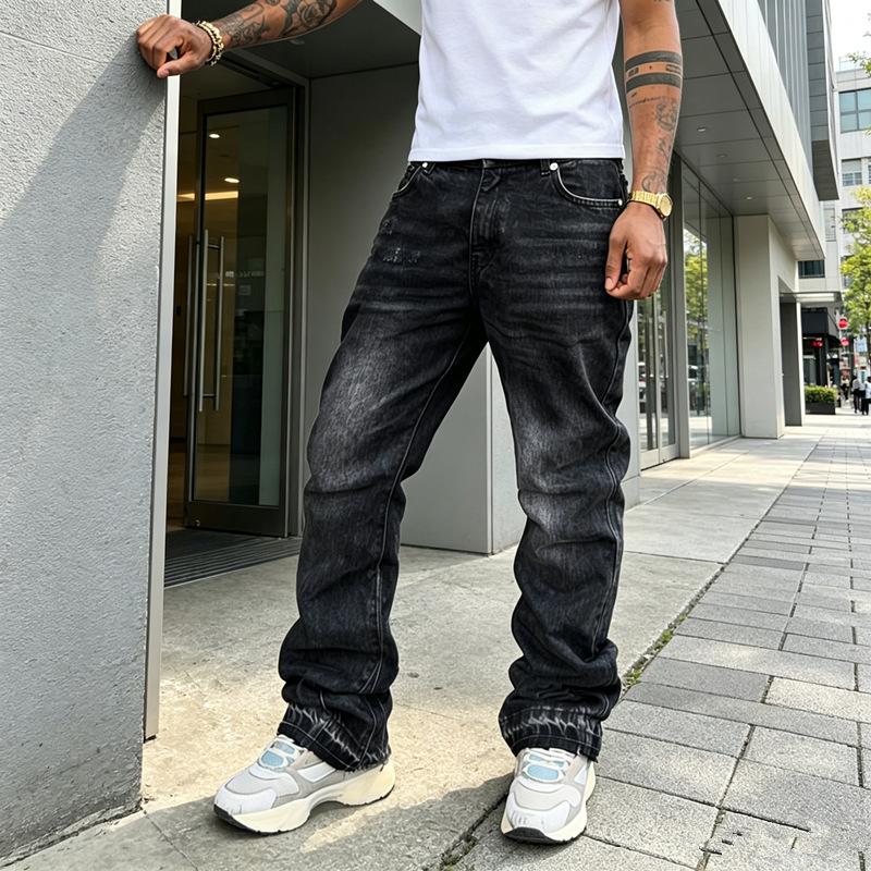 Cross-border bestseller men's jeans with raw hem, full street style, leg-lengthening effect, and unique back pocket embroidery