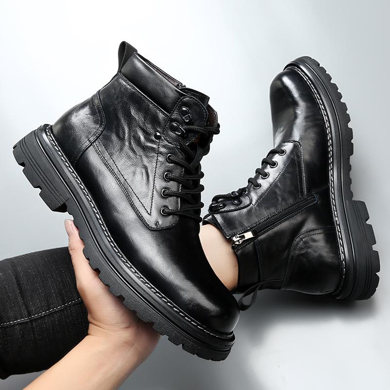 Top layer cowhide men's Martin boots winter fleece-lined warm leather boots men's work style genuine leather high-top men's shoes