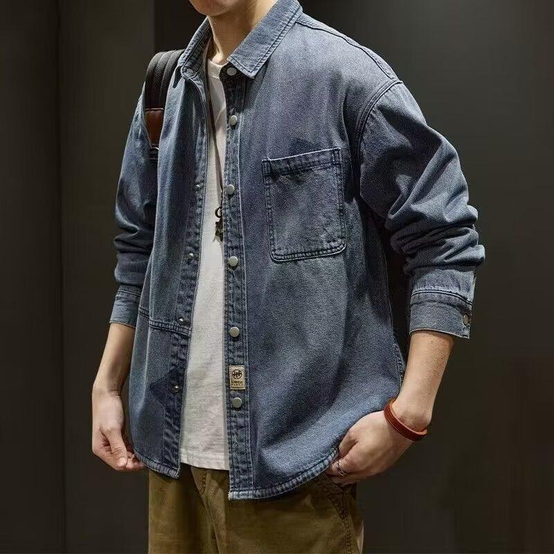 American Style Heavy Denim Jacket Men's Spring and Autumn New Fashionable Brand Handsome Work Jacket Loose plus size Autumn Shirt