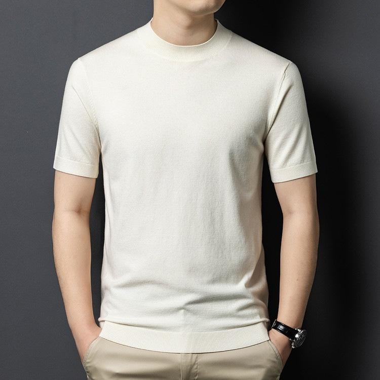 Multi-color fine-spun wool half-high collar short-sleeve knit sweater for men, autumn and winter light luxury high-quality base wool sweater