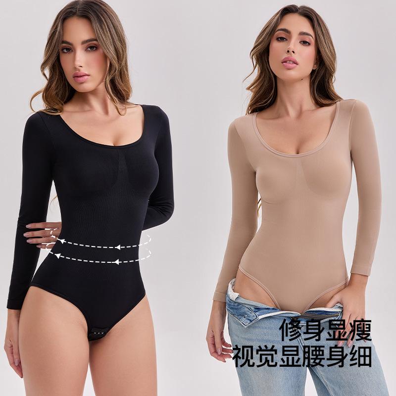 Cross-border women's long-sleeve shapewear bodysuit for tummy control, butt-lifting, waist-tightening, chest support, and shaping, with open crotch and snap buttons
