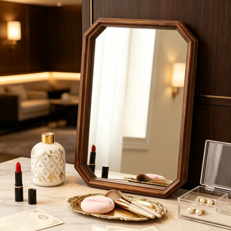 Octagonal Multi-Sided Wooden Frame Mirror Decorative Mirror for Guesthouses and Hotels, Photography Backdrop Display Mirror, Small Ornament for Guesthouse Model Rooms