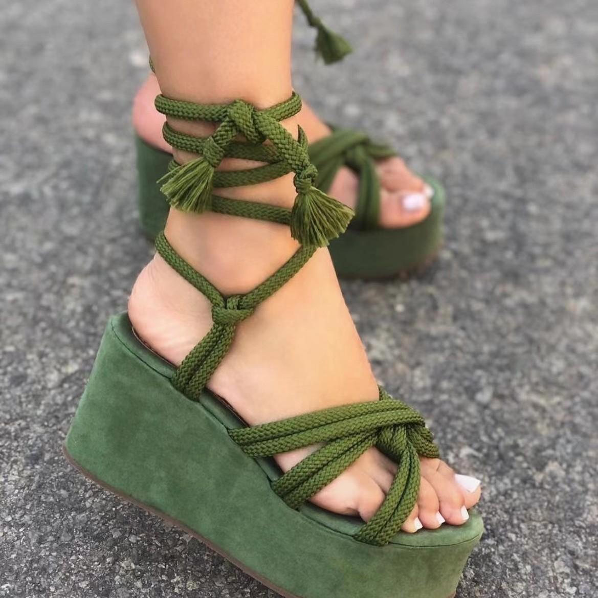Foreign Trade Women's Shoes 2025 Summer New Style Peep-Toe Lace-Up Wedge Sandals for Women, European and American Cross-Border Women's Large Size Thick-Soled Shoes
