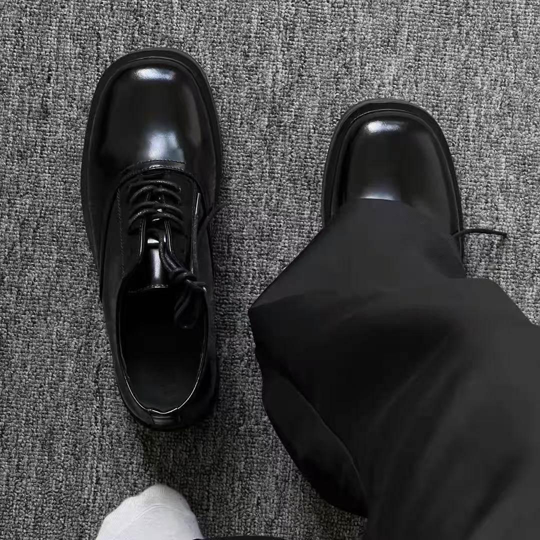 Derby Shoes for Men, Spring Season, British Style, Casual, Thick-Soled, Height-Increasing Shoes, Patent Leather, Glossy Black, Business Formal, Commuting Leather Shoes