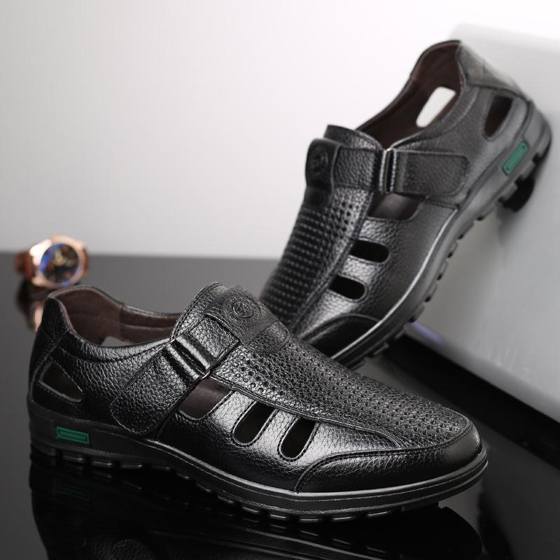 plus size Summer Sandals Head Layer Cowhide Men's Leather Sandals Middle-aged and Elderly Foot Hole Shoes Soft Leather Dad Shoes for Hair