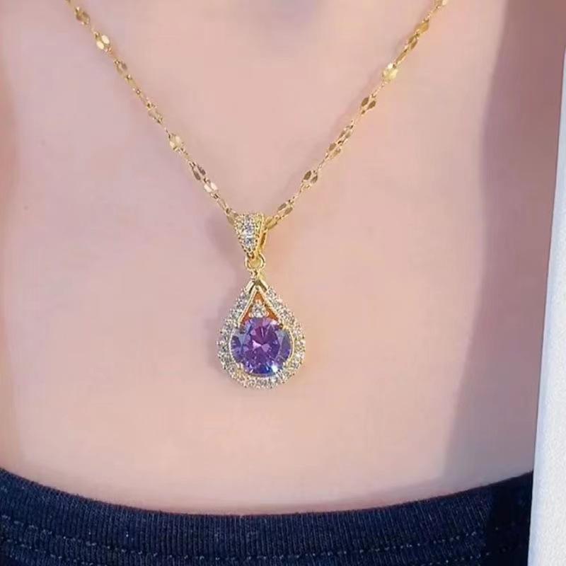 Best-Selling Purple Water Drop Pendant Necklace for Women, Fashionable and Versatile, Light Luxury Commuter Clavicle Chain Accessories, Crystal