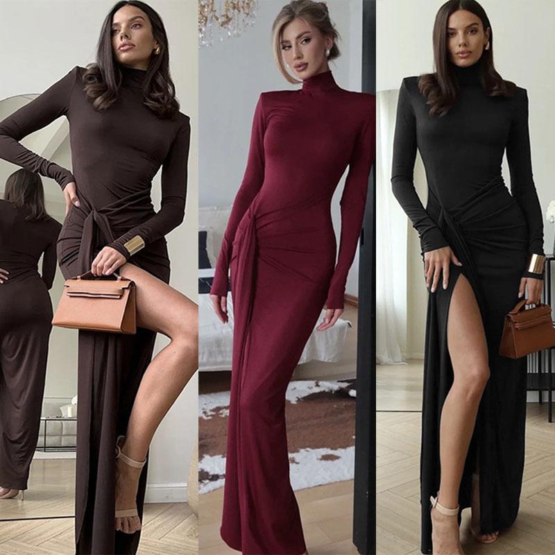 Cross-Border European and American Export Women's Clothing 2025 Amazon Autumn and Winter Fashion High-Neck Long-Sleeved Strap Waist Slim Dress