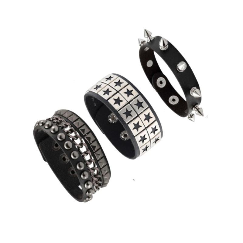 European and American Cross-Border Hot-Selling Fashion Multi-Layer Wide Leather Bracelet Punk Domineering Rivet Five-Pointed Star Wristband Personalized Bracelet