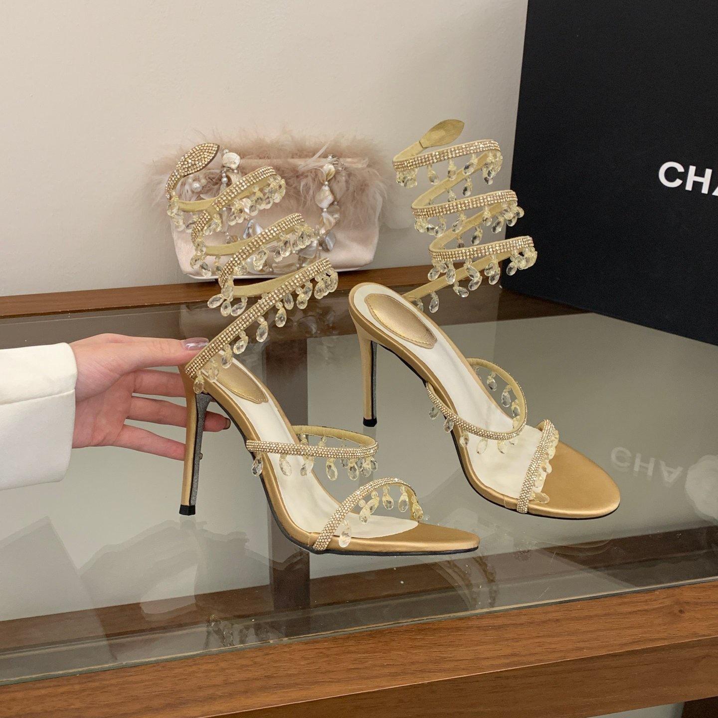 2026 New Style Snake-Shaped Winding Rhinestone Tassel High-Heeled Sandals for Women with Thin Heels, Elegant Ladylike Fairy Crystal Shoes, Wedding Shoes