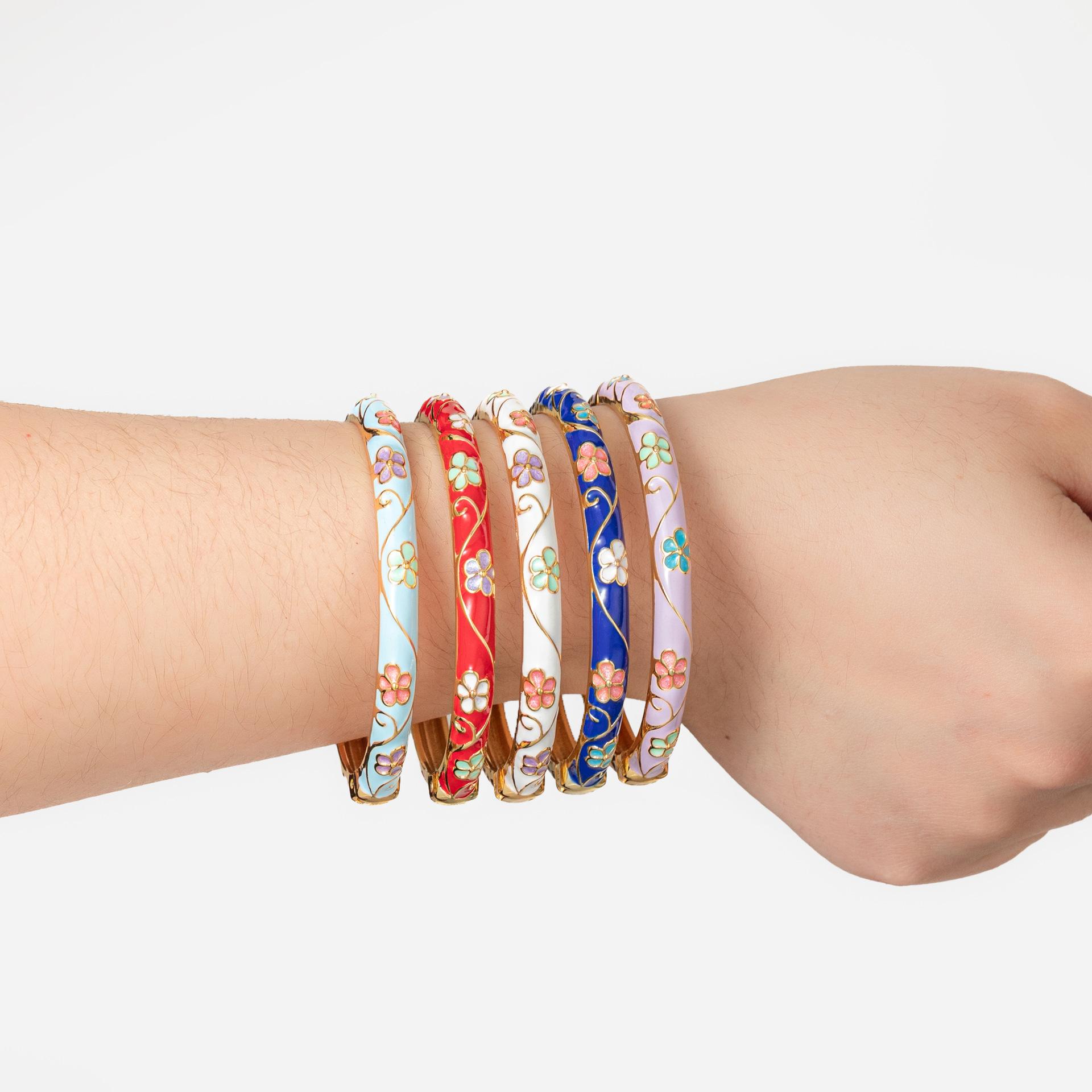 In-Stock Factory Direct Supply Light-Colored Small Floral Enamel Bracelets, Thin Circle Colored Glaze Flower Bracelets, Chinese Style Accessories Wholesale