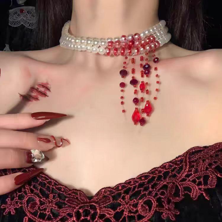 [Vampire Bride] Halloween Red Blood Drop Imitation Pearl Necklace Multi-Layer Clavicle Chain Women's Choker Necklace