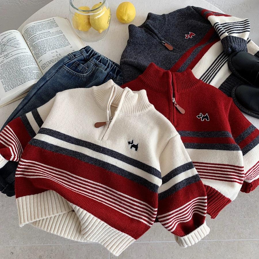 Children's New Year Sweater 2026 New Style Boys' Festive Little Horse Striped Knitted Sweater Baby Toddler Half-Zip Sweater