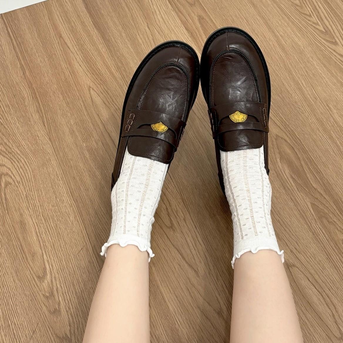 Cowhide Version~Grape Mom's Same Style Flat Loafers, Vintage Color-Washed Small Coin Loafers, Women's Small Leather Shoes