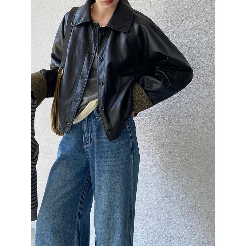 Jiangzuo Retro Lapel Patchwork Black Workwear Leather Jacket for Women Early Autumn Sweet Cool Style Loose Jacket 1667