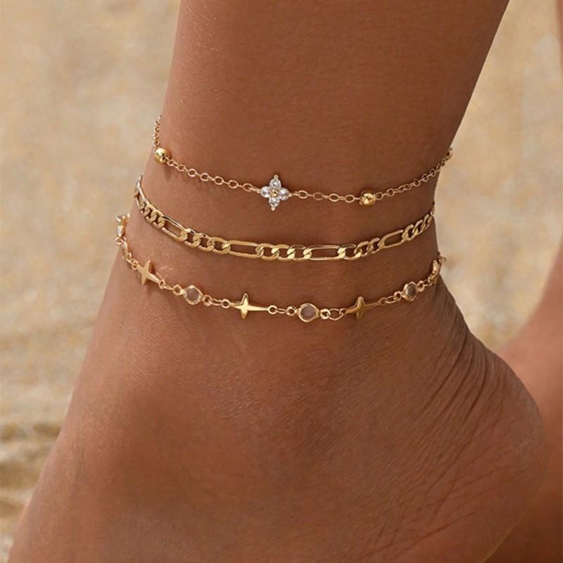 Cross-border bestseller: new four-leaf clover diamond-embellished anklet, light luxury with a high-end feel, ins-style women's multi-layer chain anklet with three chains