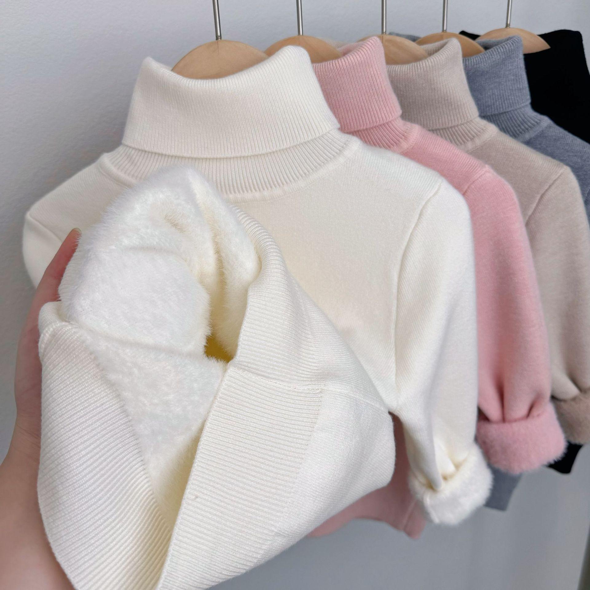 Girls' fleece-lined Sweater One-piece Velvet fleece-lined Thickened Children's High Collar Mink Velvet Children's Winter Baby Bottoming Knit Sweater