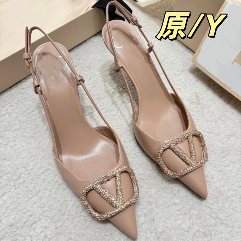 V Brand 2026 New Pointed-Toe Single Shoes with Thin Heels, Metal Rhinestones, Shallow Mouth, Sexy Versatile Fashion V-Buckle Sandals for Women