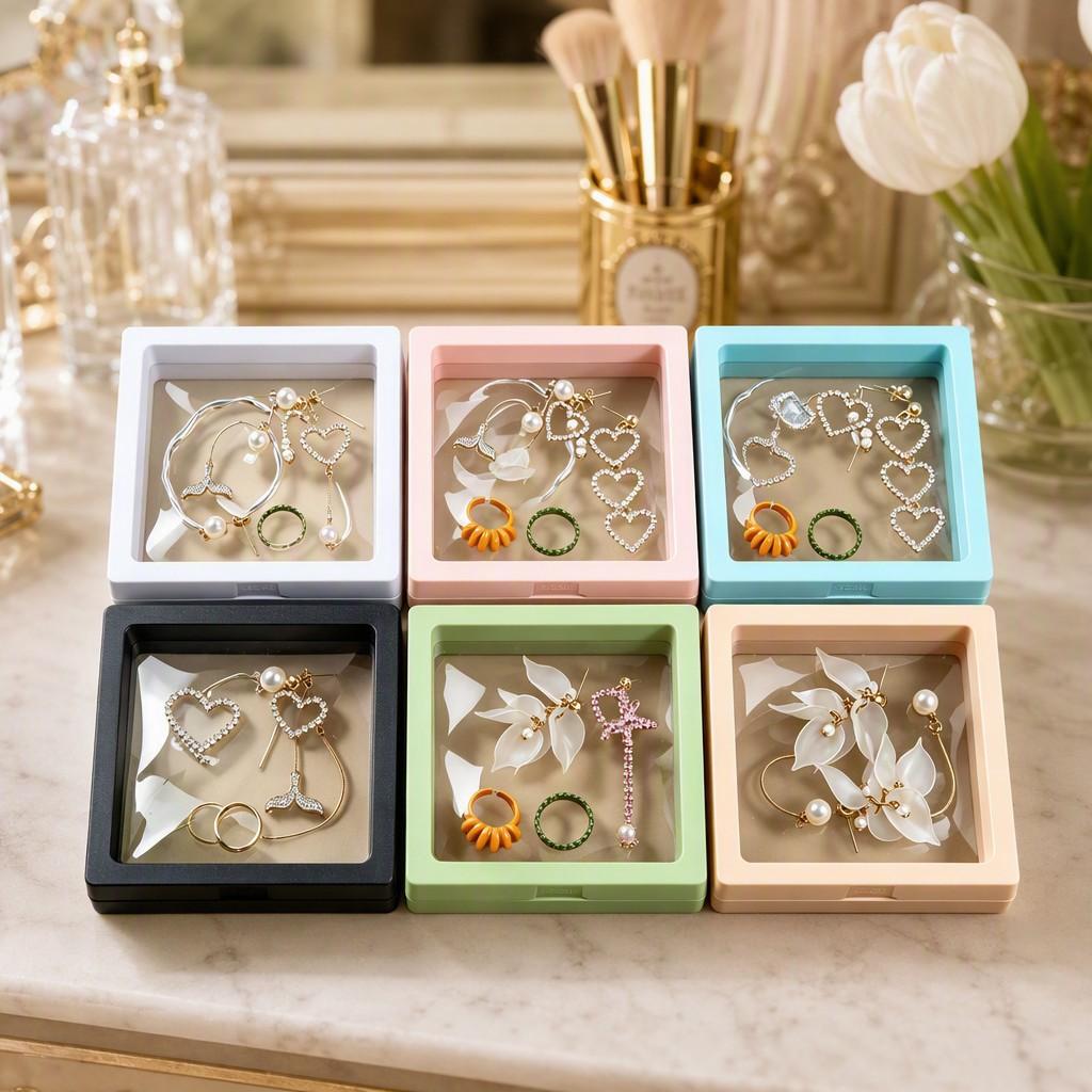 Simple, transparent, dust-proof PE film floating display box for jewelry, used for storing and showcasing jewelry, bracelets, and necklaces; packaging box