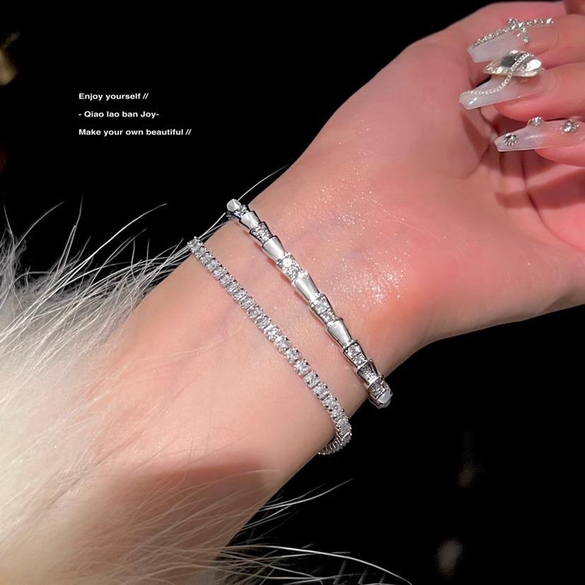 Fritillaria Snake-shaped Snake Bone Bracelet Flash Diamond Texture Bracelet Zircon ins Light Luxury Open Silver Adjustable Bracelet