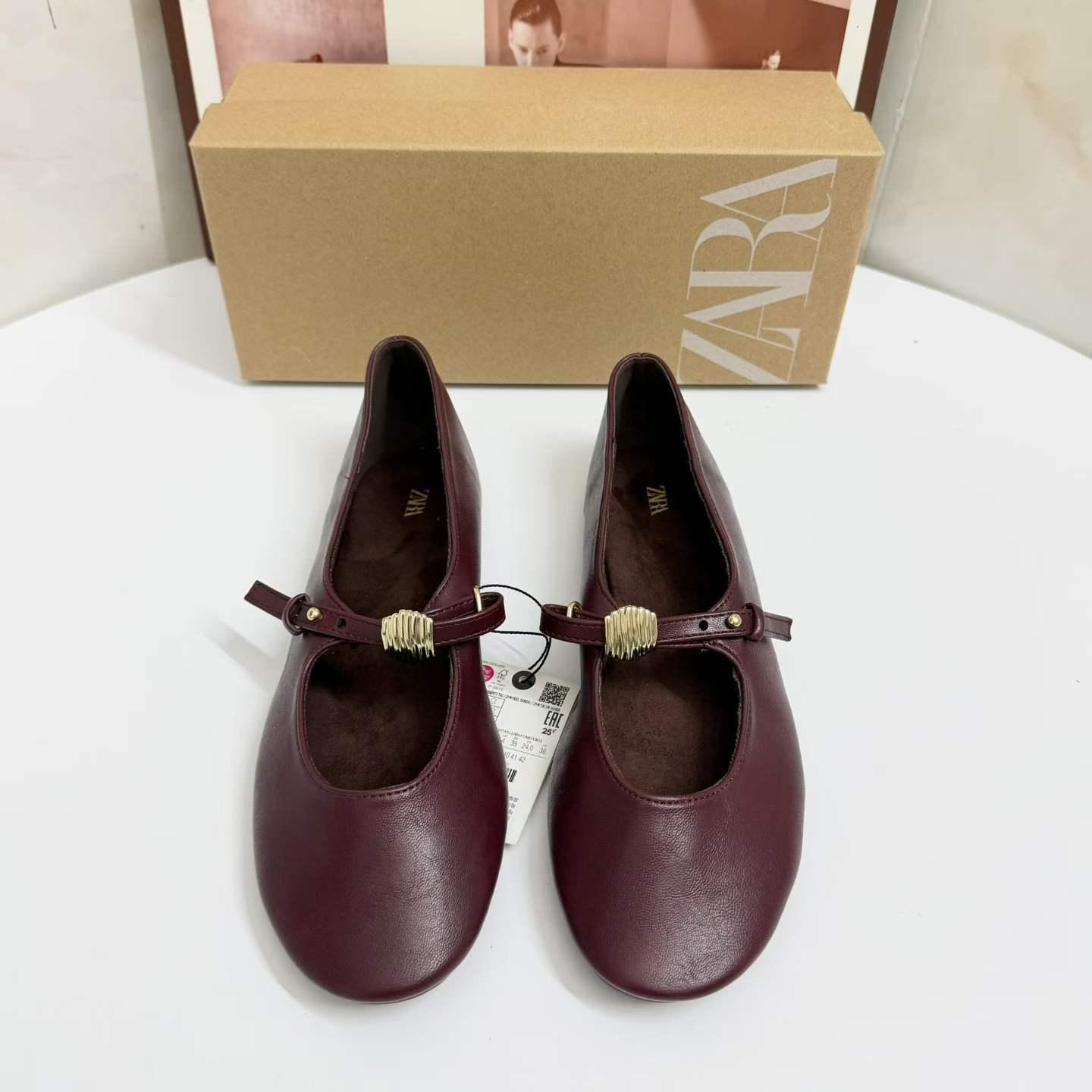 Za Burgundy Flat Ballet Shoes 2026 Spring/Summer New Women's Shoes Soft Leather Round-Toe Mary Jane Shoes