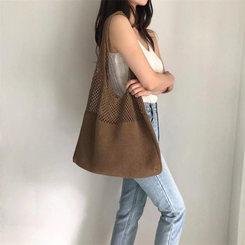 New Korean-Style Ins Knitted Solid Color Shoulder Bag, Hollow-Out Handbag, Large Capacity Tote Bag, Women's Crossbody Bag