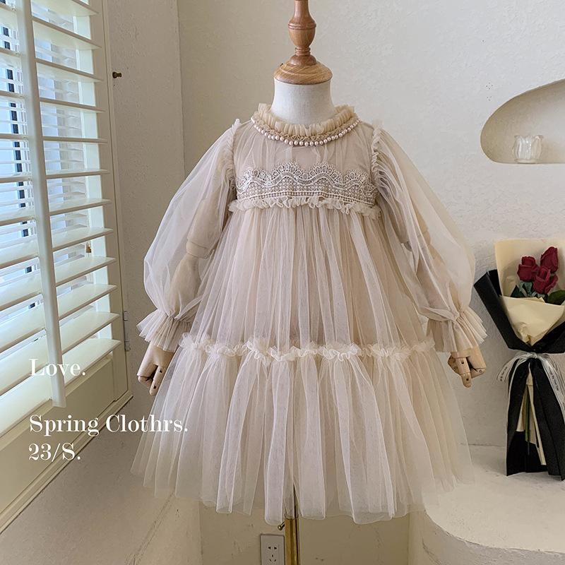 Girls' Dress Spring and Autumn 2026 New Style Children's Fashionable Lace Patchwork Puffy Tulle Princess Dress