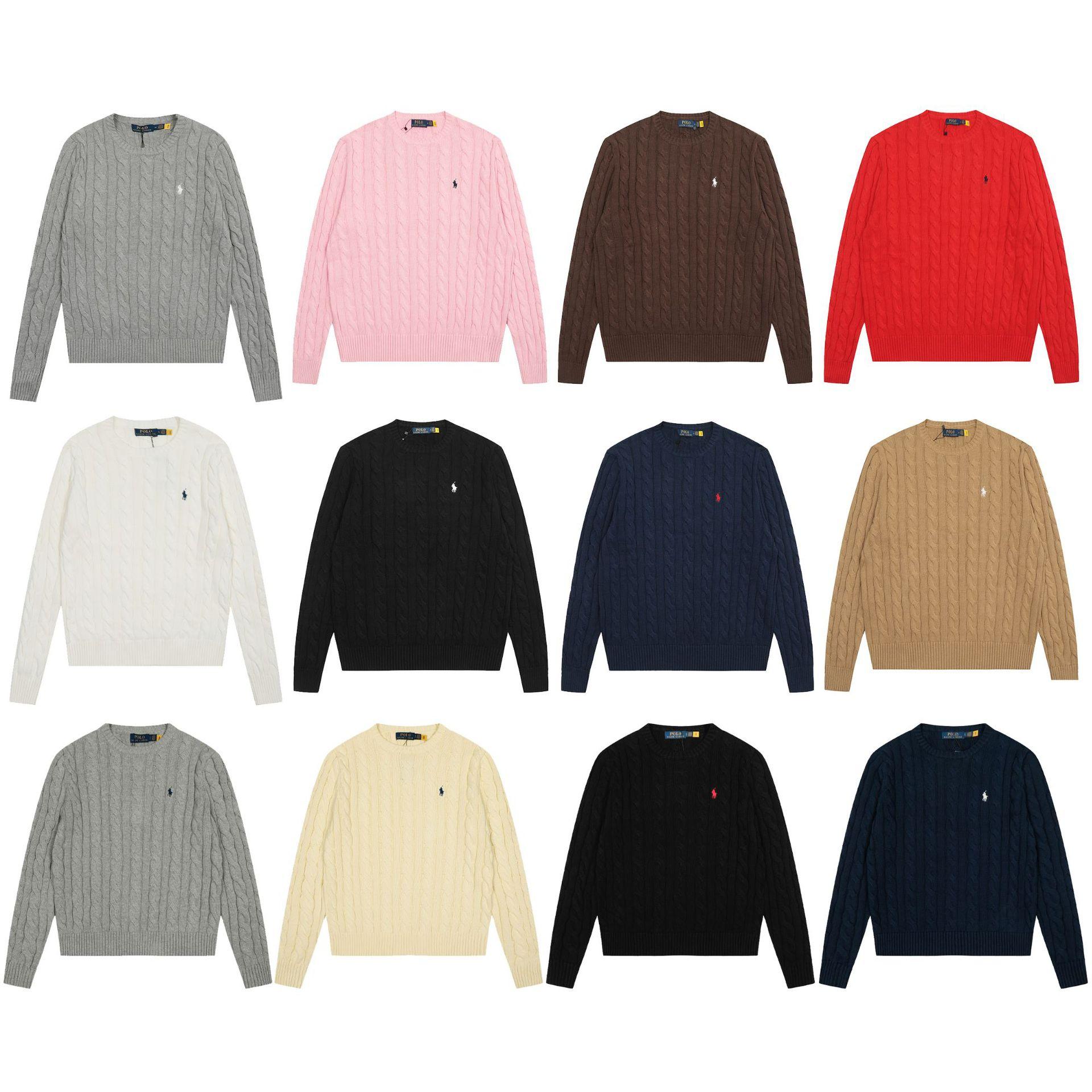 New cross-border pullover sweater with solid color and horse embroidery logo, cable-knit design