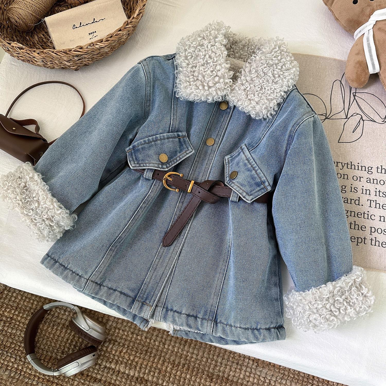 2024 Winter New Korean Style Girls' Blue Long-Sleeved Denim Thickened Dress Baby Fashionable Children's Dress Cl5601