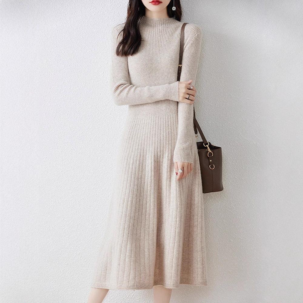 Autumn and Winter New Women's Slim Fit Mid-Length Versatile Bottoming Sweater Long Skirt Half Turtleneck Knitted Dress