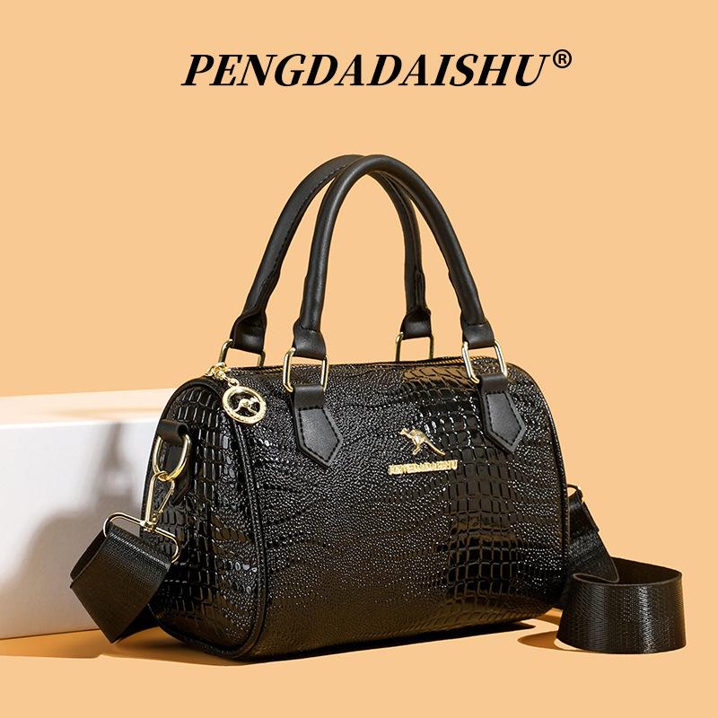 Cross-border New Texturized Crocodile Pattern Handbag Women's Black Wide Shoulder Strap Hugh Fashionable Shoulder Crossbody Bag Pillow Bag