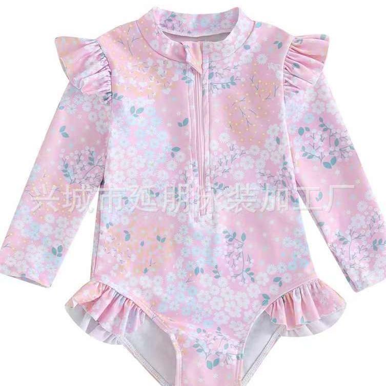 New Style Beach Long-Sleeved Sun Protection Surfing Suit for Baby Girls, One-Piece Split Zipper Design, Unisex, 0-3 Years Old Toddler Swimsuit