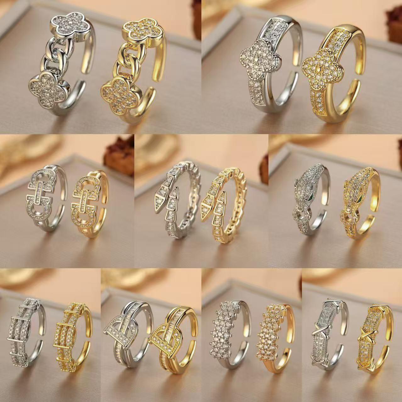 Cross-Border Best-Selling Full Diamond Ring, Adjustable Open-Ended Women's Ring, Electroplated 18K Gold, High Aesthetic Geometric Diamond-Encrusted Ring