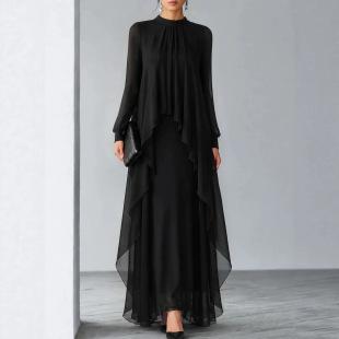 High-End Feel Stand-Collar Pleated Chiffon Long Dress, Long-Sleeve Sheer Ruffle Fake Two-Piece Gown, Export