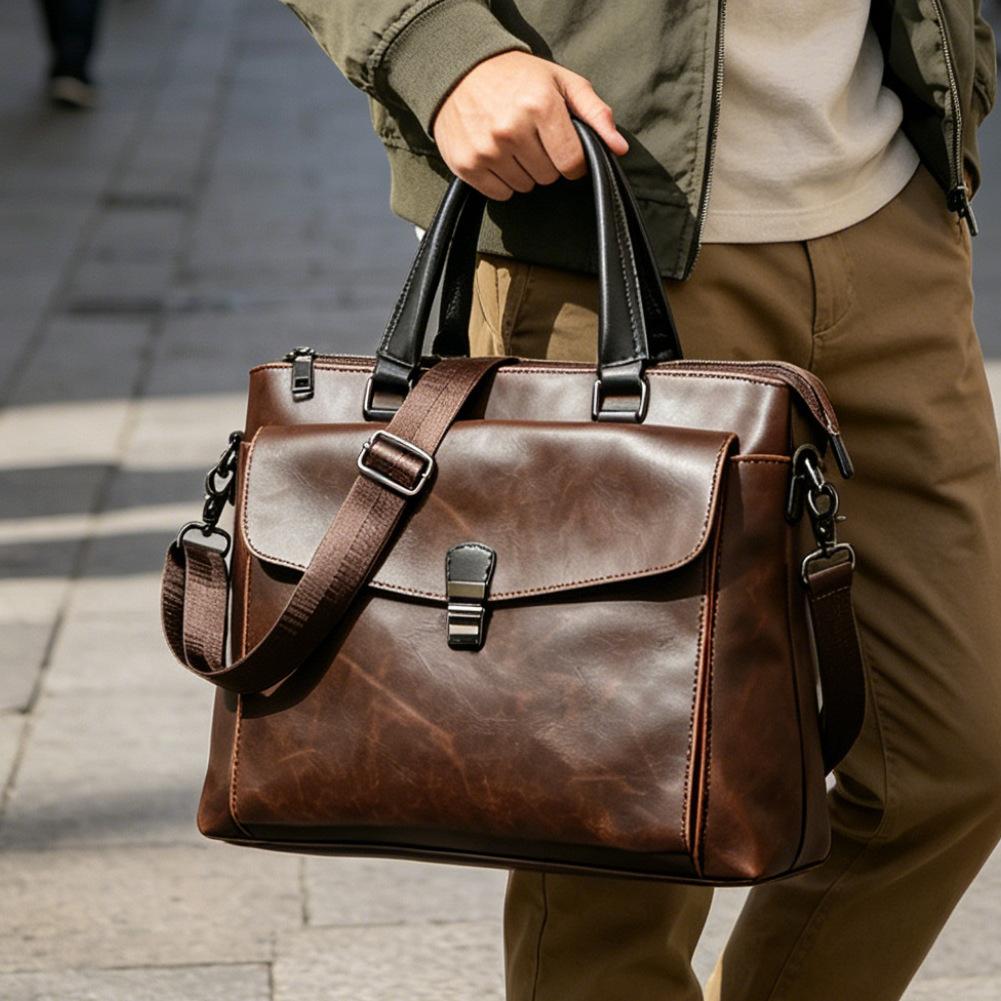 Men's Bag Handbag Horizontal Style Crazy Horse Leather Briefcase Men's Business Trip British Korean Style Shoulder Bag Crossbody Bag