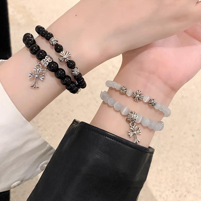 Cat's Eye Cross Beaded Women's Bracelet Best Friend Couple Elastic Cord Bracelet Casual Niche Hand Accessories Trendy