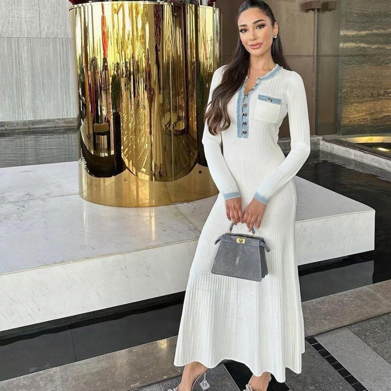 In-Stock Cross-Border European and American Style 26 Autumn/Winter New Denim Patchwork Long-Sleeve Knit Dress, Simple Round-Neck Slim-Fit Long Dress